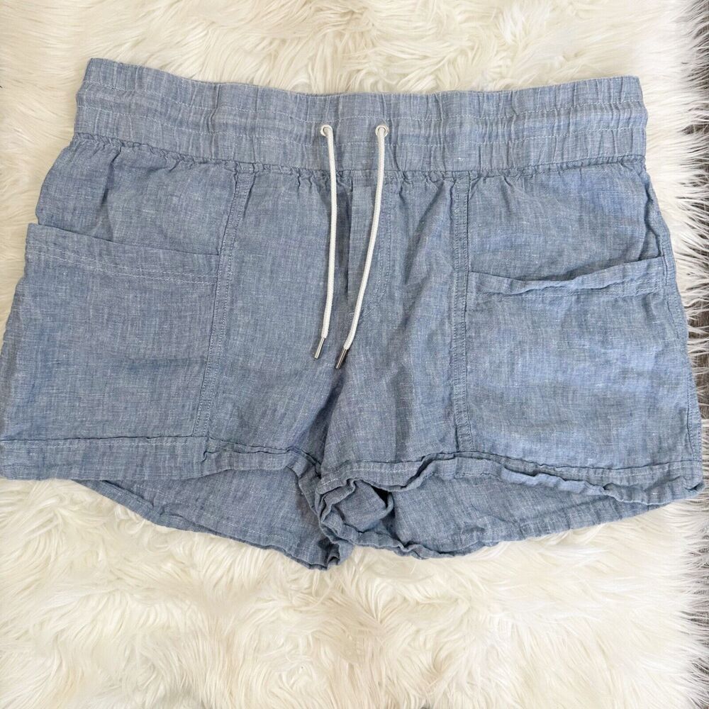 Athleta Womens Cabo Linen Shorts Chambray Blue Size 16 Pull On Travel Resort‎